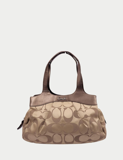 Coach tan signature canvas shoulder bag with bronze leather trim and double handles