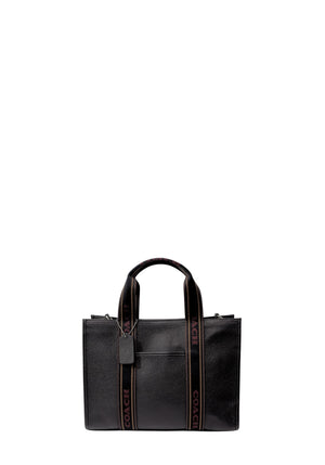 Coach Field Tote 30 black pebbled leather tote bag with signature Coach logo webbing handles and structured silhouette