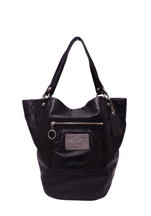Coach Poppy black leather shoulder tote bag featuring a front zip pocket, embossed logo patch, silver-tone hardware, double leather straps and hanging leather tag