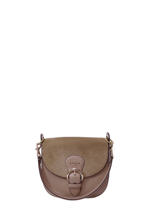 Coach Beat Saddle Bag in taupe pebbled leather and suede with gold-tone buckle closure and shoulder strap