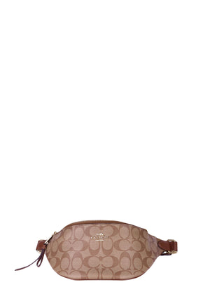 Coach beige signature monogram canvas belt bag with brown leather trim and gold-tone hardware, zip closure