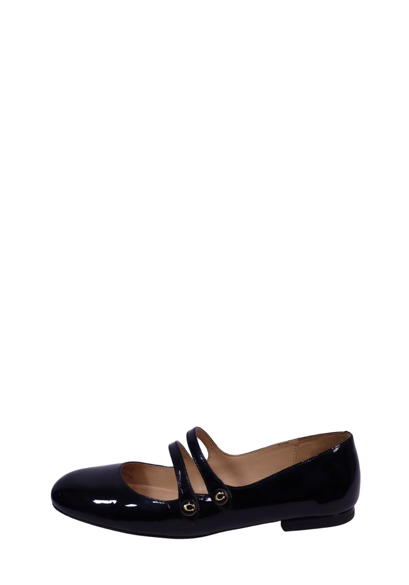 Coach black patent leather Mary Jane ballet flats with double straps and gold-tone hardware