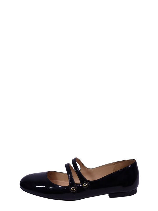 Coach black patent leather Mary Jane ballet flats with double straps and gold-tone hardware