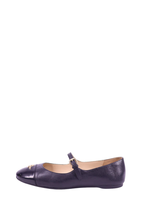 Coach black leather Mary Jane ballet flats with cap toe and strap detail