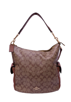 Coach brown Signature monogram canvas hobo shoulder bag with leather trim
