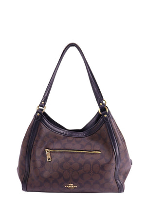 Coach brown monogram shoulder bag with leather trim and gold zipper detail 