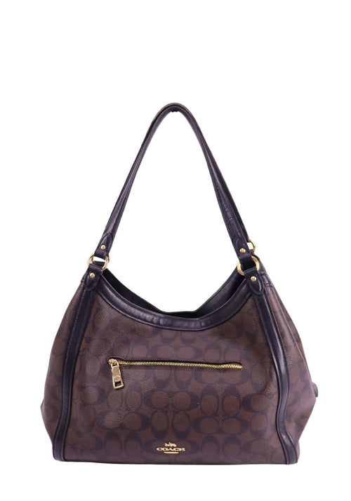 Coach brown monogram shoulder bag with leather trim and gold zipper detail 