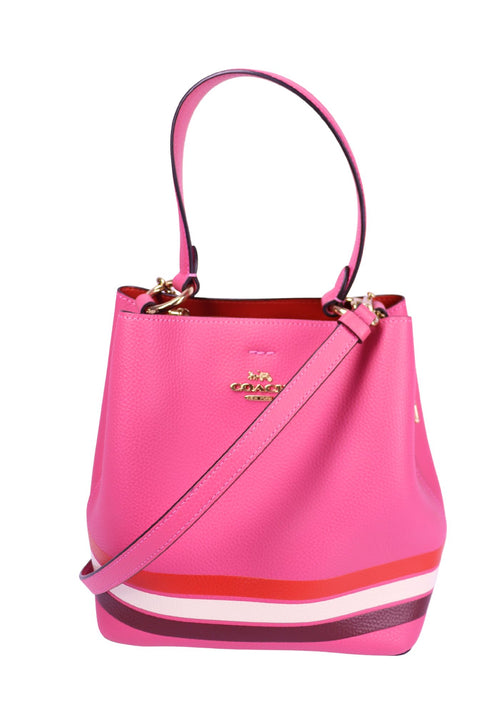 Coach pink leather bucket bag with multicolor stripe detail and crossbody strap
