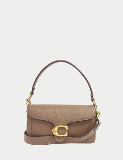 Coach Tabby Shoulder Bag 26 in Taupe Pebbled Leather with Gold C Logo and Detachable Straps