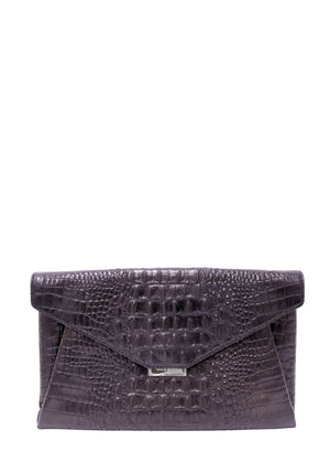 Cole Haan black croc-embossed leather envelope clutch with gold-tone hardware