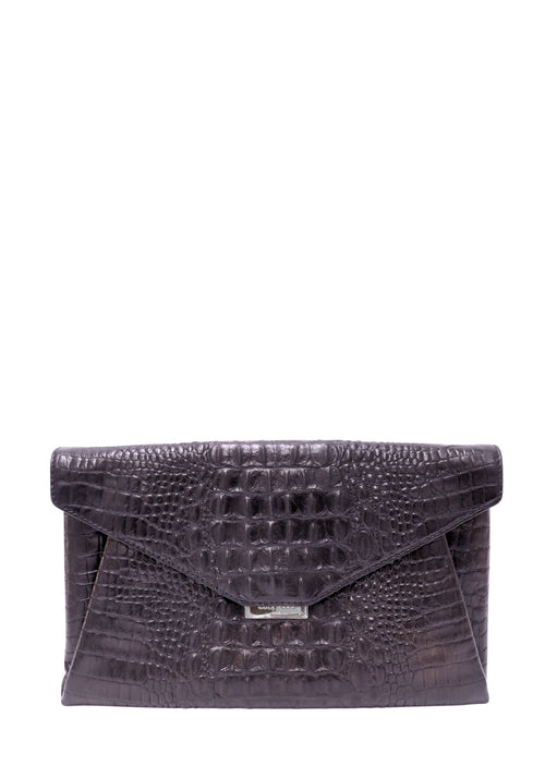 Cole Haan black croc-embossed leather envelope clutch with gold-tone hardware