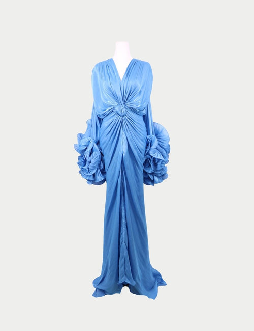 Costarellos blue silk draped evening gown with ruffle sleeves