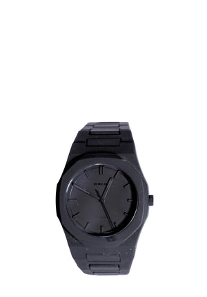 D1 Milano Blackout matte black stainless steel bracelet watch with minimalist analog dial.
