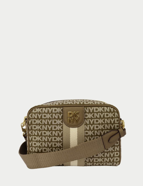 DKNY beige and olive logo camera crossbody bag with adjustable strap, zip closure, and gold-tone logo hardware