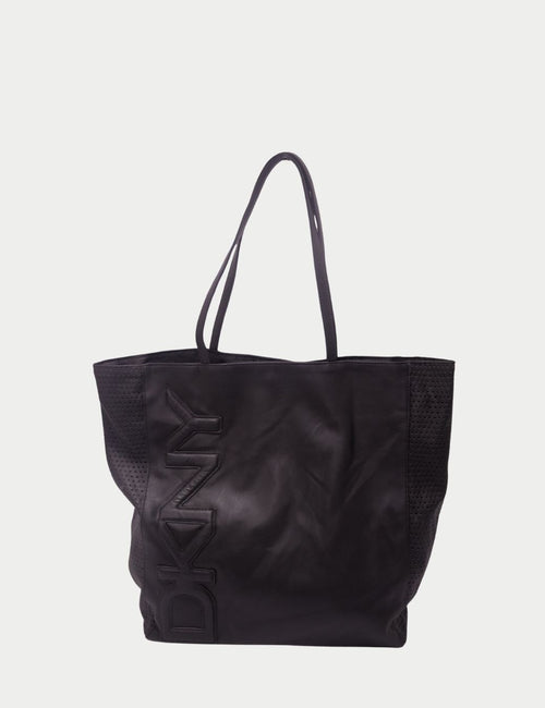 DKNY Black Leather Maxi Tote Bag with Embossed Logo and Perforated Details