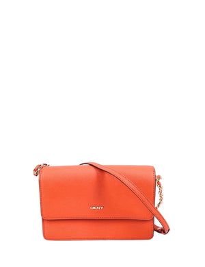 DKNY orange saffiano leather crossbody bag with gold chain strap and front flap logo