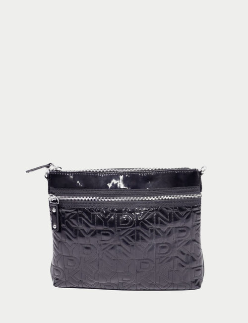 DKNY embossed logo pattern crossbody bag with zip closure