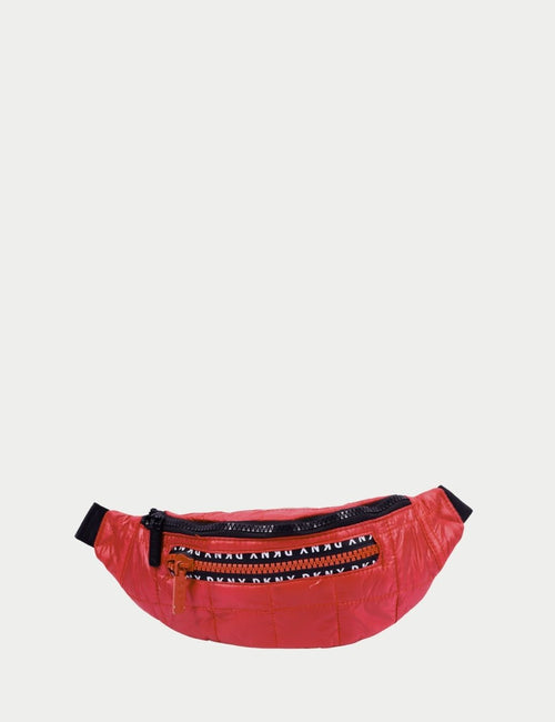 DKNY red puffer fanny pack with logo zip detail