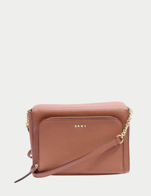 DKNY camel brown saffiano leather shoulder bag with gold chain crossbody strap – pre-owned

