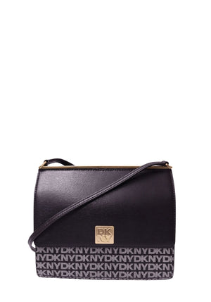 DKNY black and white monogram crossbody bag with gold-tone logo hardware