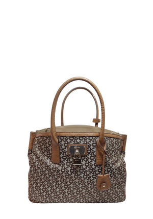 DKNY brown monogram canvas tote bag with pebbled leather trim, dual top handles, removable shoulder strap, and gold-tone hardware.