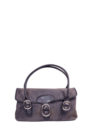 DKNY monogram canvas shoulder bag with black leather trim, silver-tone buckle accents, and double shoulder handles.
