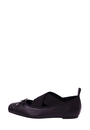DKNY black leather ballet flats with elastic crossover straps, round toe, and bow detail