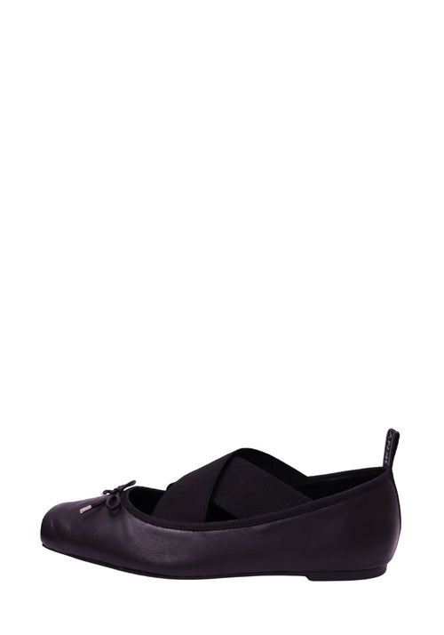 DKNY black leather ballet flats with elastic crossover straps, round toe, and bow detail