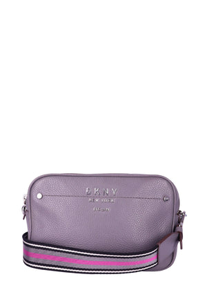 DKNY grey pebbled leather crossbody bag with striped adjustable strap and silver logo detail