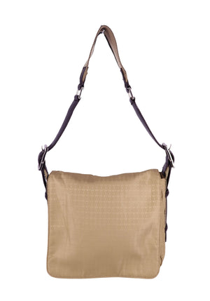 DKNY beige monogram canvas messenger bag with brown leather trim and adjustable strap, flap design