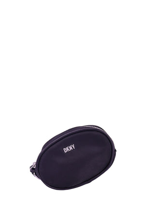 DKNY black nylon oval coin pouch with silver logo detail and zip closure