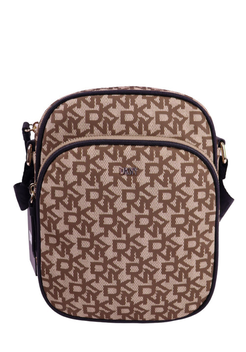 DKNY brown monogram crossbody messenger bag with front zip pocket and adjustable strap