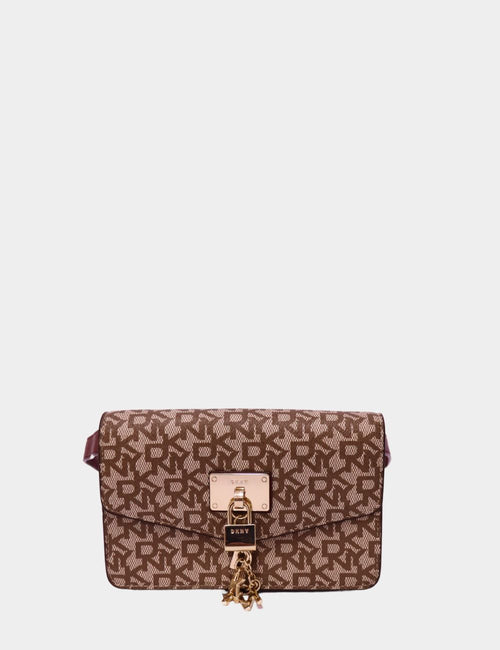 DKNY brown monogram crossbody bag with gold padlock detail and logo charm

