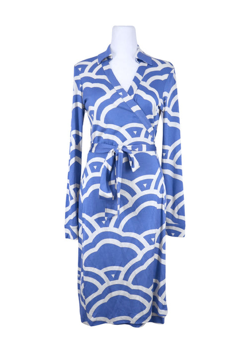 Diane von Furstenberg blue printed wrap dress with long sleeves and waist tie