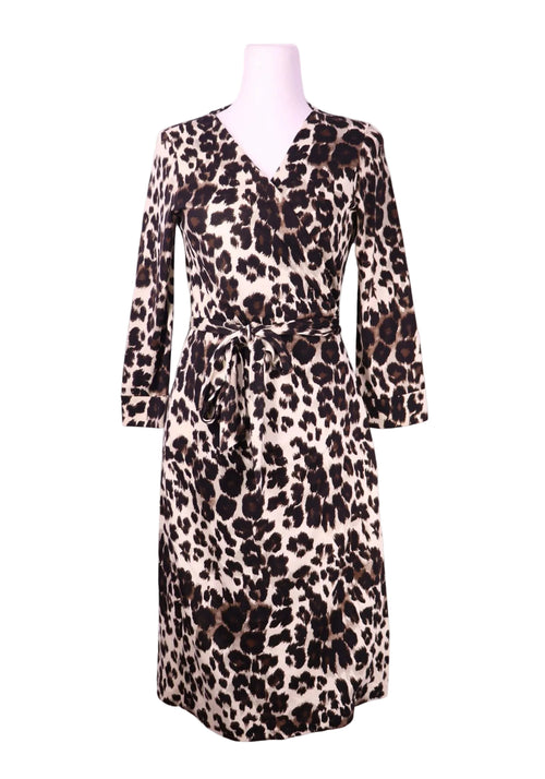 Diane von Furstenberg leopard print wrap dress with long sleeves and waist tie