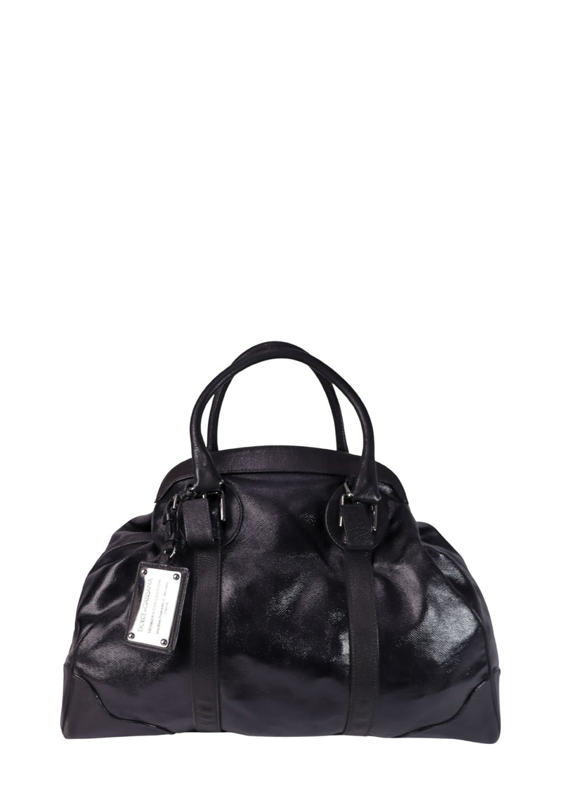 Dolce & Gabbana black patent leather satchel bag with double top handles and silver-tone hardware.