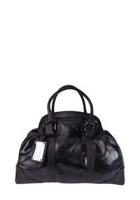 Dolce & Gabbana black patent leather satchel bag with double top handles and silver-tone hardware.