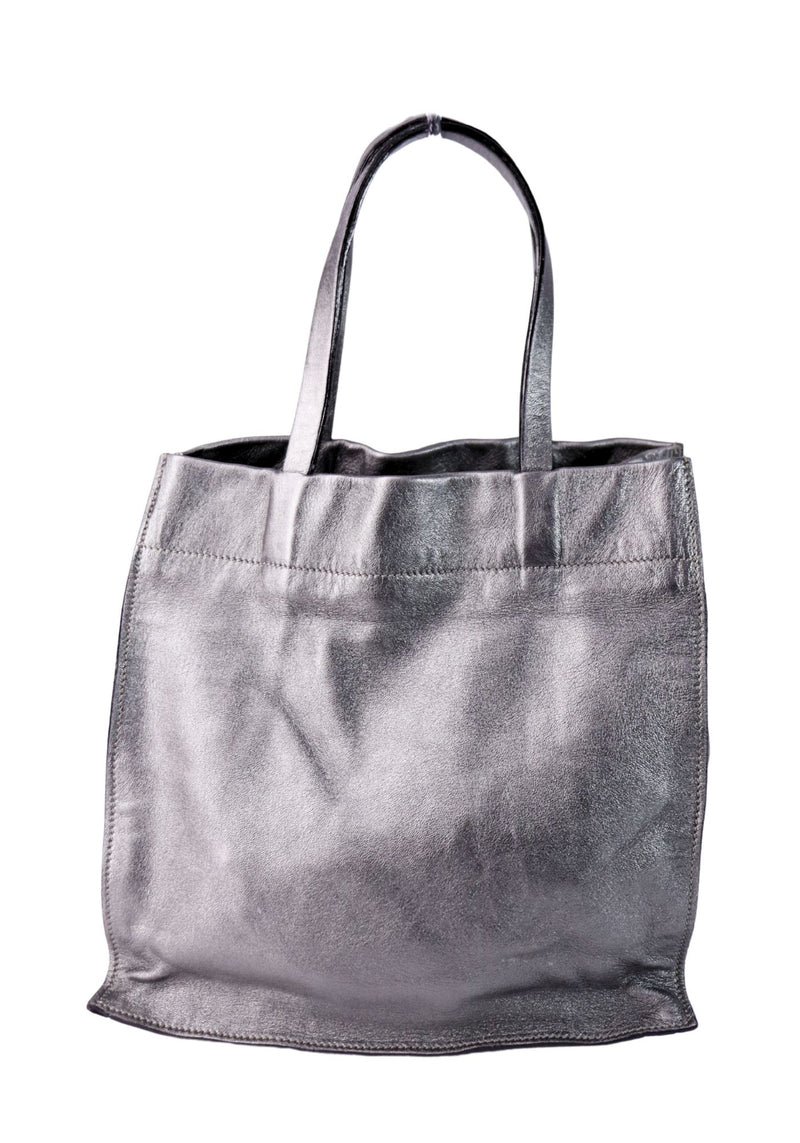 Dolce & Gabbana metallic silver leather tote bag with soft structure and shoulder straps.