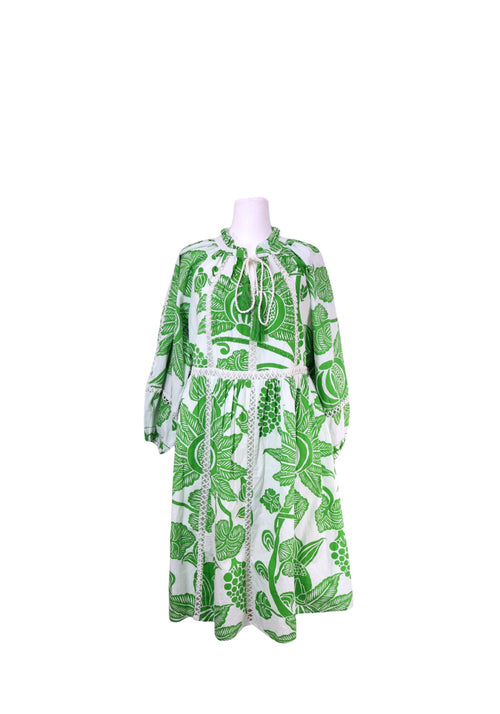 Derhy white and green tropical print midi dress with lace trim, tassel-tie neckline, three-quarter balloon sleeves, and relaxed bohemian silhouette.