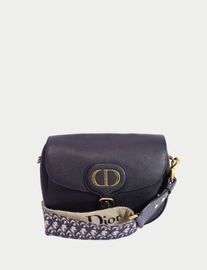 Dior black leather crossbody bag with gold CD clasp and embroidered Dior strap
