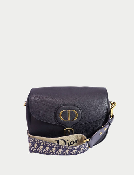 Dior black leather crossbody bag with gold CD clasp and embroidered Dior strap