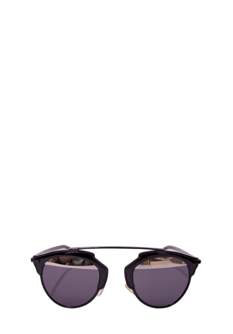 Authentic Christian Dior DiorSoReal sunglasses with a black metal and acetate frame, grey lenses, and signature architectural brow bar.