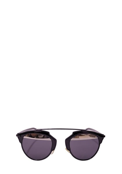 Authentic Christian Dior DiorSoReal sunglasses with a black metal and acetate frame, grey lenses, and signature architectural brow bar.