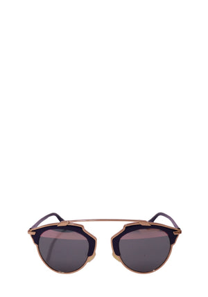 Authentic Christian Dior DiorSoReal sunglasses with a rose gold-tone metal frame, navy acetate accents, and grey tinted lenses.