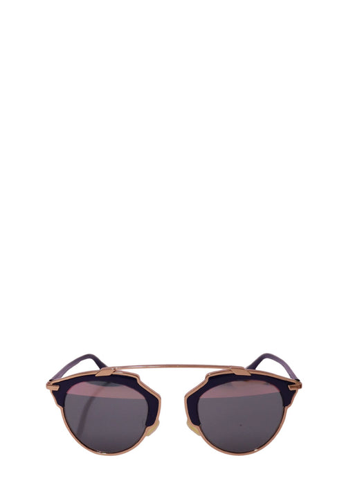 Authentic Christian Dior DiorSoReal sunglasses with a rose gold-tone metal frame, navy acetate accents, and grey tinted lenses.