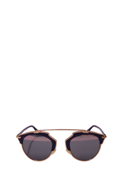 Authentic Christian Dior DiorSoReal sunglasses with a rose gold-tone metal frame, navy acetate accents, and grey tinted lenses.