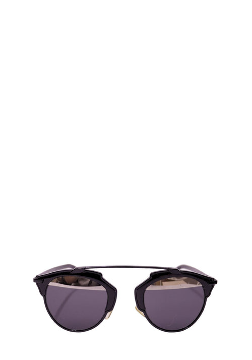 Christian Dior So Real black mirrored sunglasses featuring an architectural layered metal frame and round cat-eye hybrid lenses.