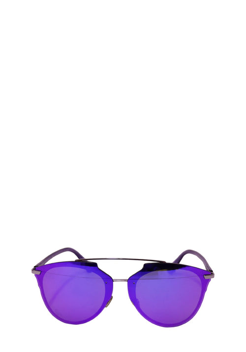 Christian Dior Reflected P purple mirrored shield sunglasses with rimless lenses, silver-tone metal detailing, and purple temples.