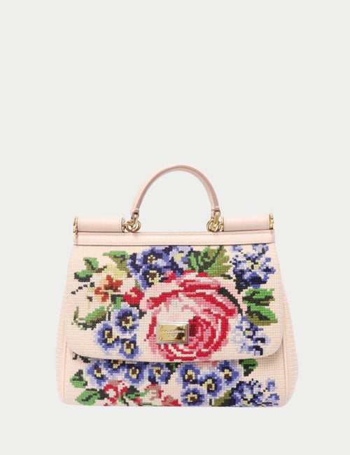 Dolce & Gabbana Sicily Beige Canvas Handbag with Multicolor Floral Embroidery and Gold Hardware