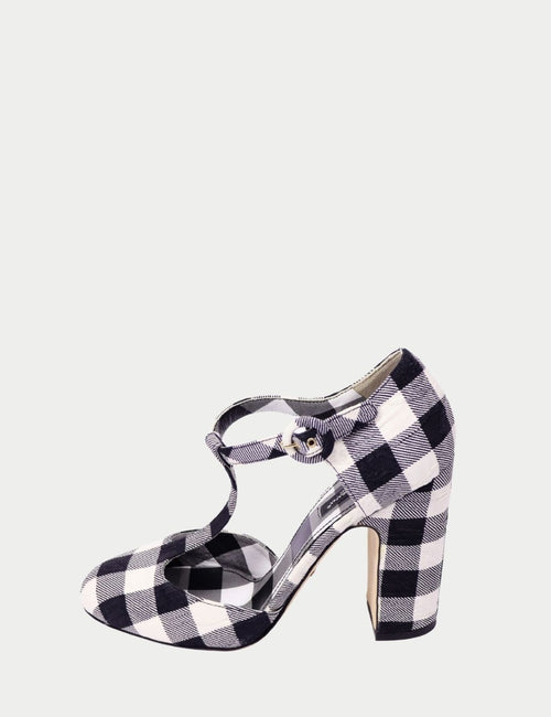 Dolce & Gabbana black and white gingham round toe Mary Jane block heel sandals